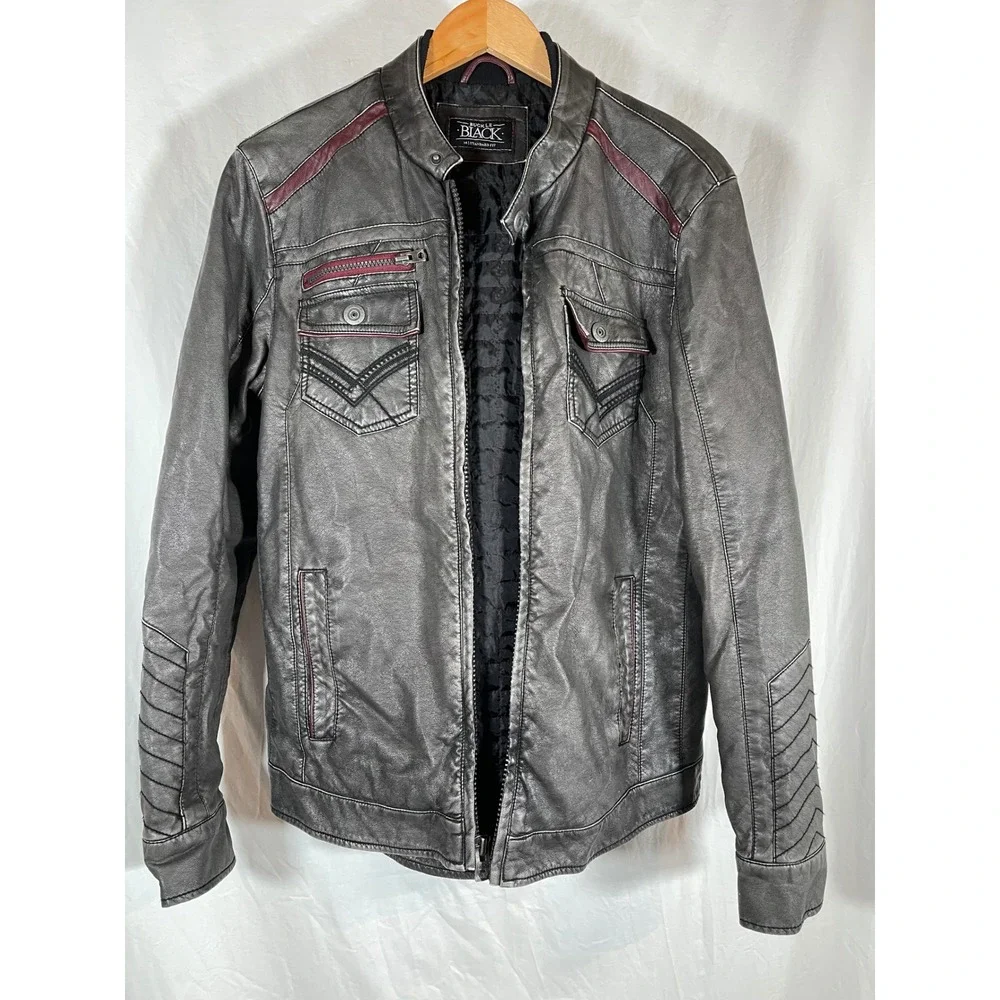 Buckle Black Mens Faux Leather Moto Racer Jacket Gray Burgundy Trim Medium